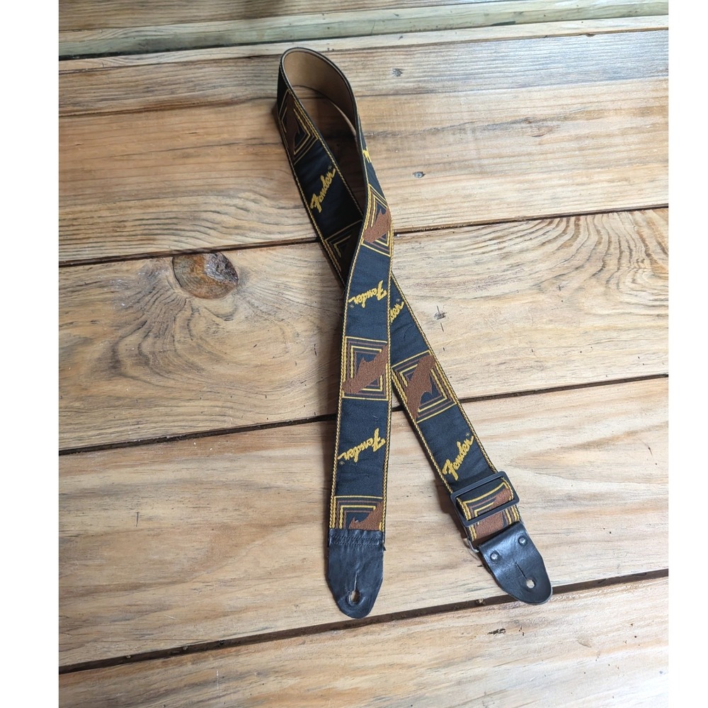 Vintage 70s Fender Guitar Strap Woven Embroidered Logo Black Brown Gold
